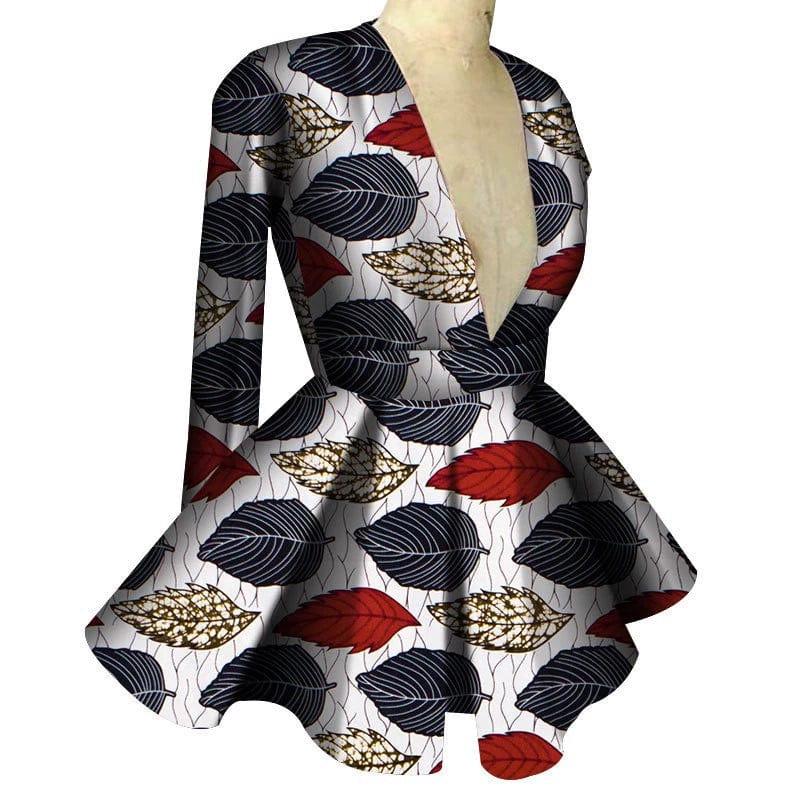 African print women's high waist V-neck long sleeve top by Showlu Fashion with vibrant custom African design.
