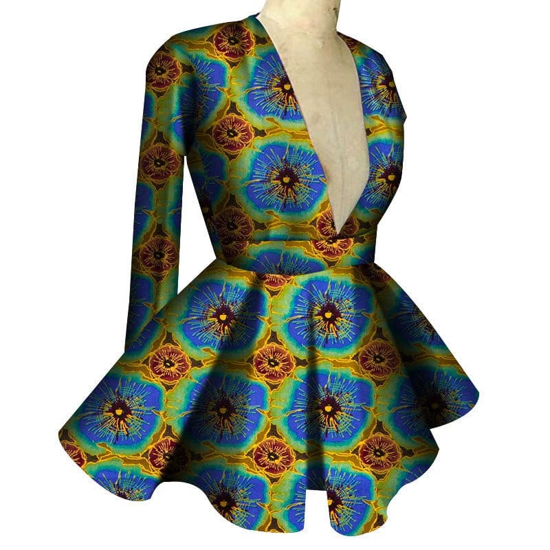African print women's high waist V-neck long sleeve top by Showlu Fashion, featuring bold colorful patterns and a fitted style.
