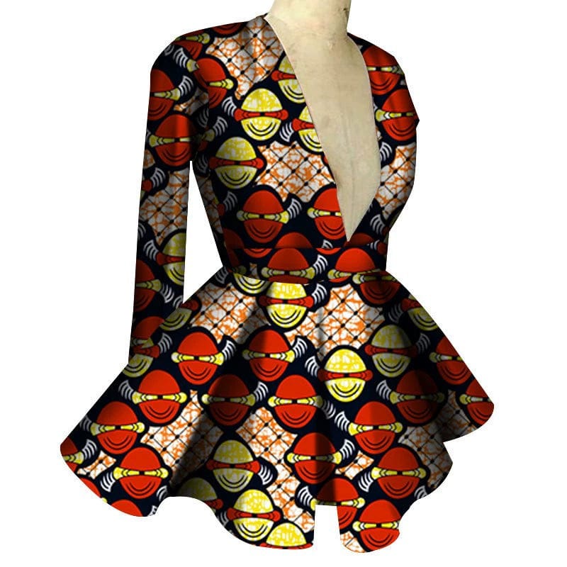 African print women's high waist V-neck long sleeve top by Showlu Fashion, featuring vibrant custom African patterns and fitted style.