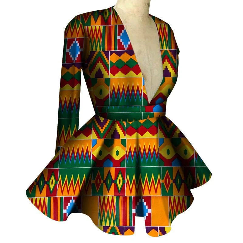 African print women's high waist V-neck long sleeve top by Showlu Fashion, featuring vibrant custom design and stylish fit.