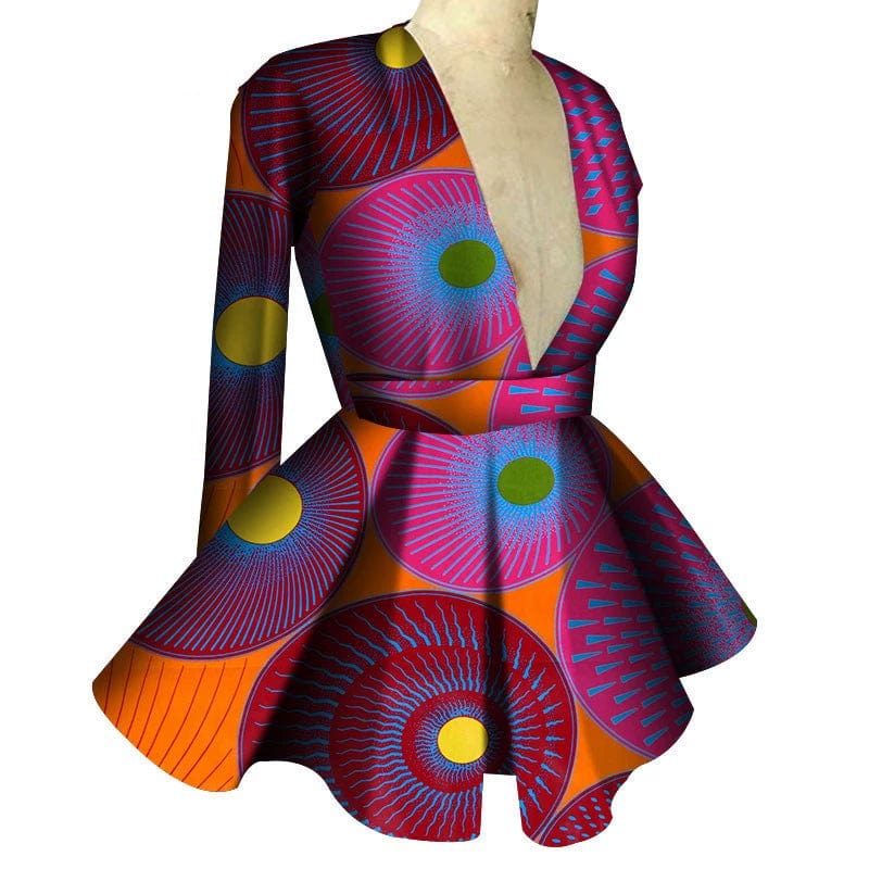 African print women's high waist V-neck long sleeve top by Showlu Fashion, featuring vibrant patterns and a stylish fit.