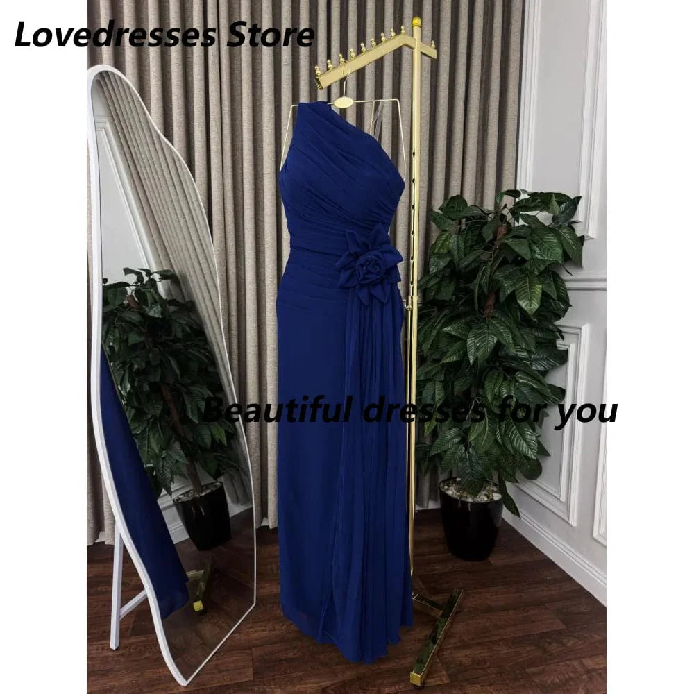Elegant Weilinsha one-shoulder mermaid evening dress with chiffon flower details, perfect for prom and special events.