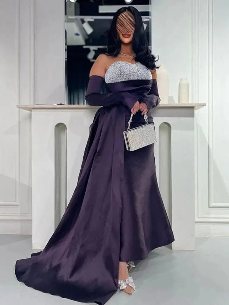 Elegant purple A-line quinceanera dress by Jiayigong, sleeveless satin gown with sequins and pleats for formal evening or party.