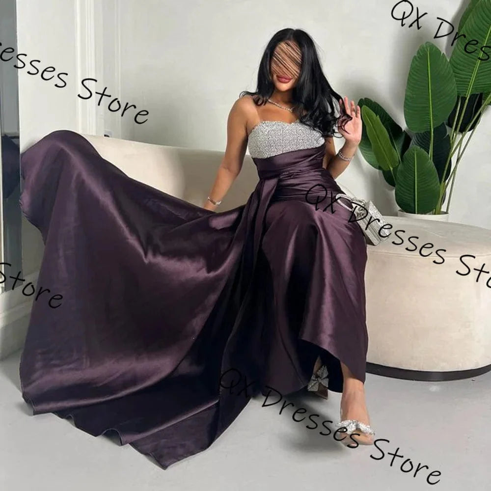 Elegant purple A-line quinceanera dress by Jiayigong with sequined satin fabric, sleeveless design, and pleated details for formal occasions.