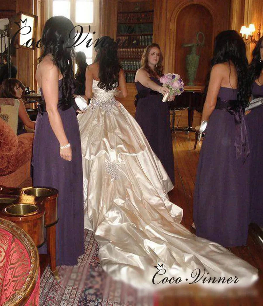 Elegant satin ball gown wedding dress by SHOWLU FASHION with crystal beading, sweetheart neckline, luxury European style.