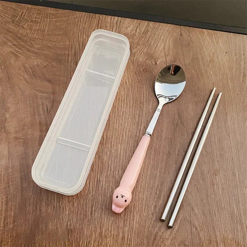 Showlu Cartoon Rabbit stainless steel cutlery set with spoon, fork, and chopsticks for travel and lunch use.