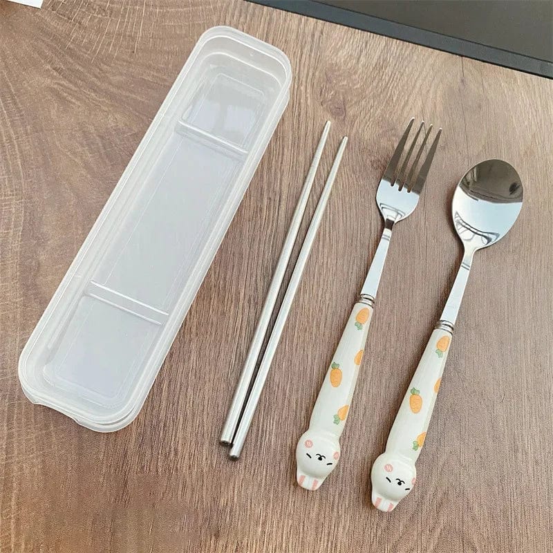 Showlu Cartoon Rabbit stainless steel cutlery set with spoon, fork, and chopsticks for travel and lunch use.