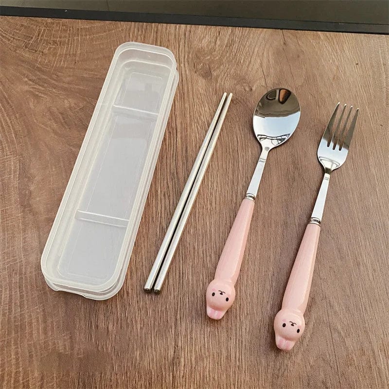 Showlu Cartoon Rabbit cutlery set with stainless steel spoon, fork, and chopsticks for travel and lunch use.