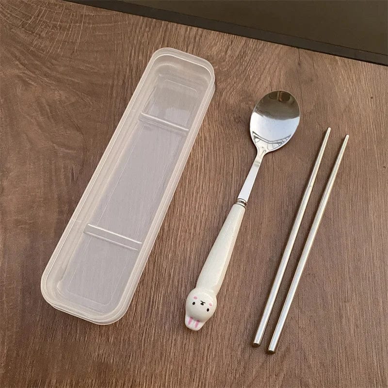 Showlu Cartoon Rabbit Cutlery Set with stainless steel spoon, fork, and chopsticks for travel and lunch use.