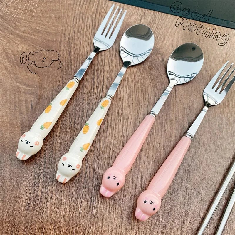 Showlu Cartoon Rabbit cutlery set with stainless steel spoon, fork, and chopsticks, ideal for travel and portable lunchware.