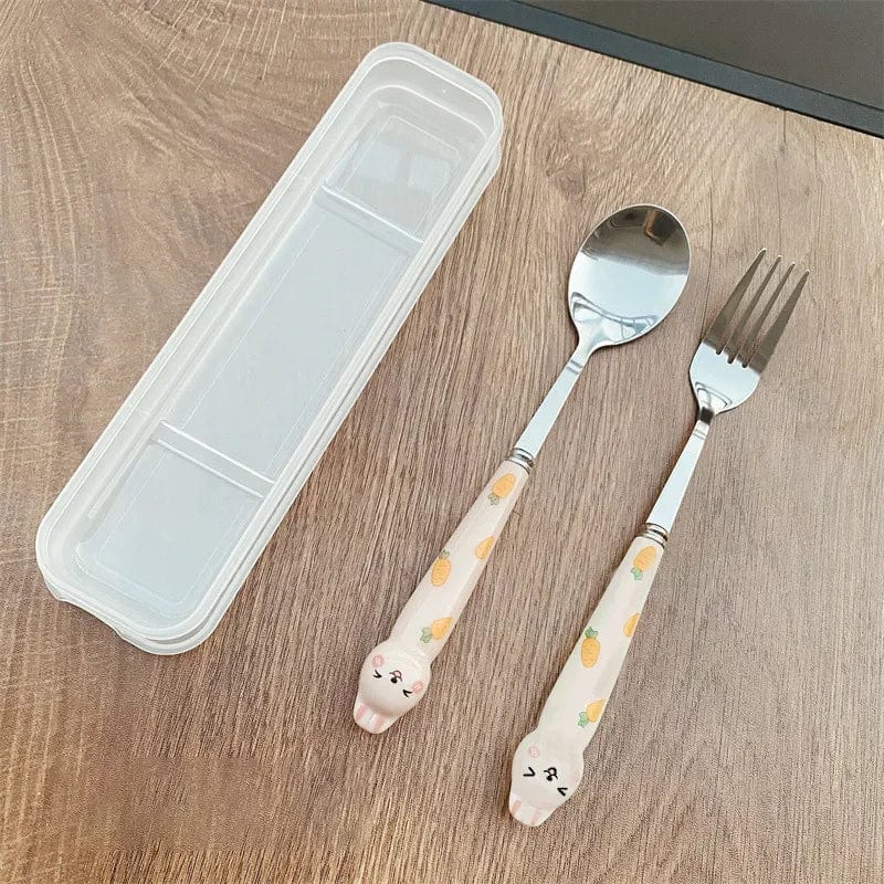 Showlu Cartoon Rabbit Stainless Steel Cutlery Set with spoon, fork, and chopsticks for travel and lunch dining.