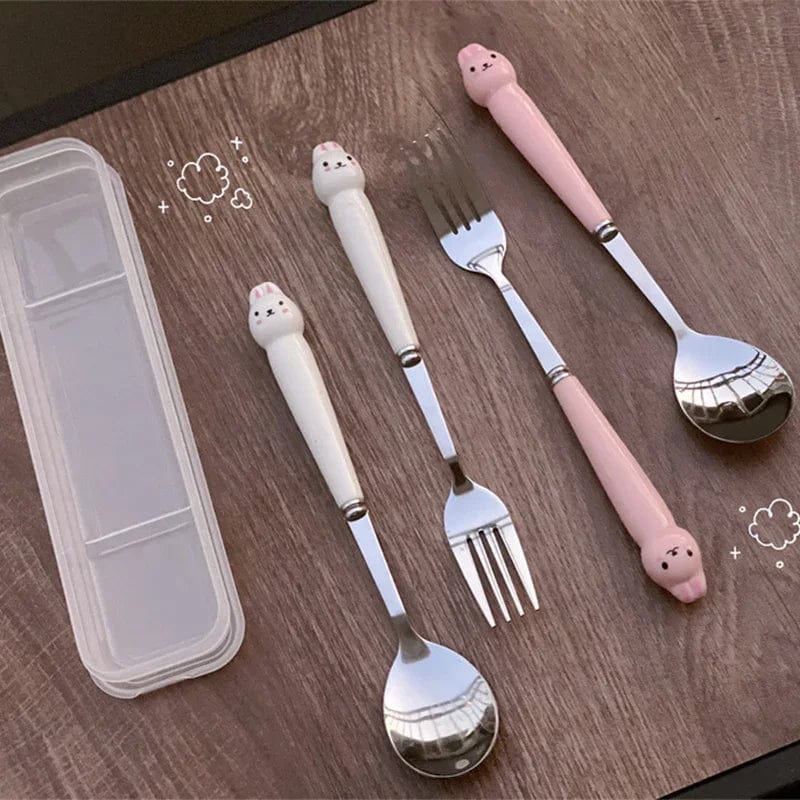 Showlu Cartoon Rabbit stainless steel cutlery set with spoon, fork, and chopsticks, perfect for travel and portable dining.