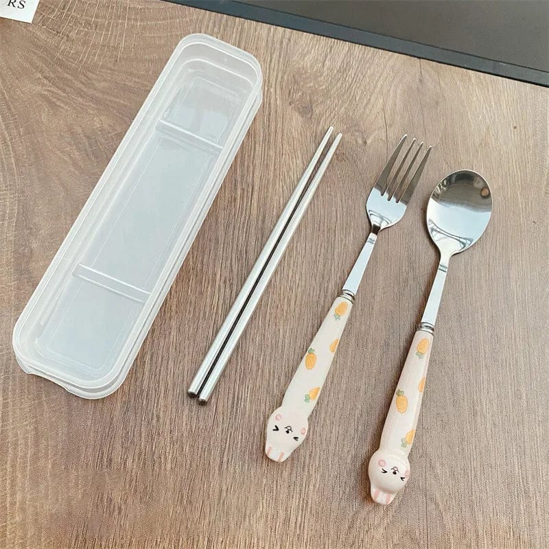 Showlu Cartoon Rabbit cutlery set including spoon, fork, and chopsticks made of stainless steel for travel and lunch use.
