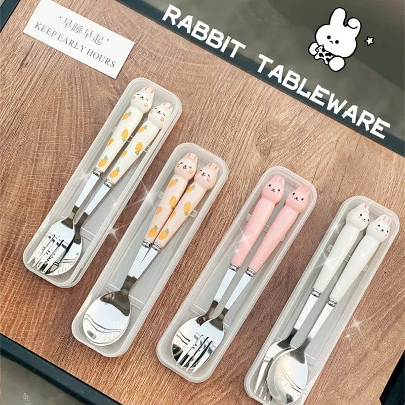 Showlu Cartoon Rabbit stainless steel cutlery set with spoon, fork, and chopsticks for travel and lunch use.