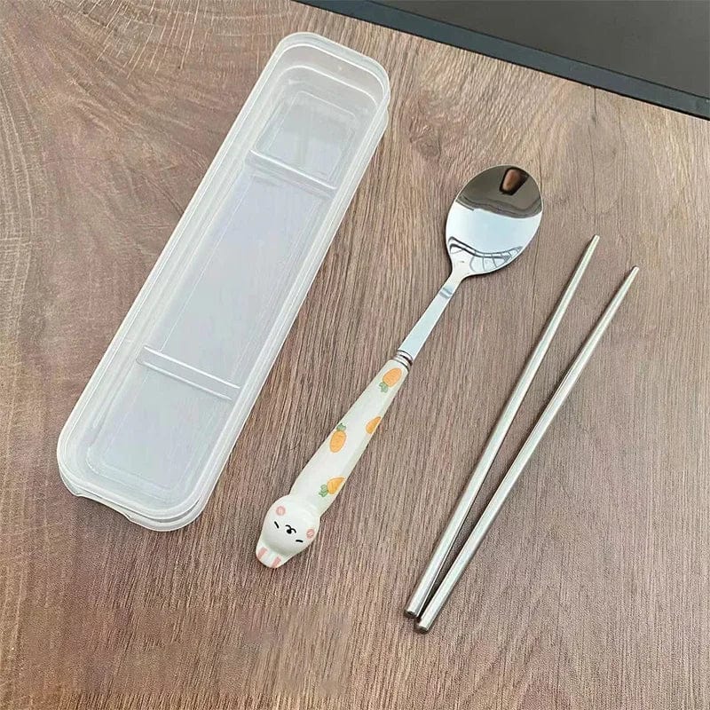 Showlu Cartoon Rabbit stainless steel cutlery set with spoon, fork, and chopsticks, ideal for travel and lunch use.
