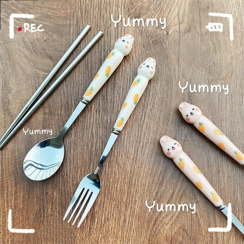 Showlu Cartoon Rabbit stainless steel cutlery set with spoon, fork, and chopsticks, portable travel dinnerware for lunch and kitchen use