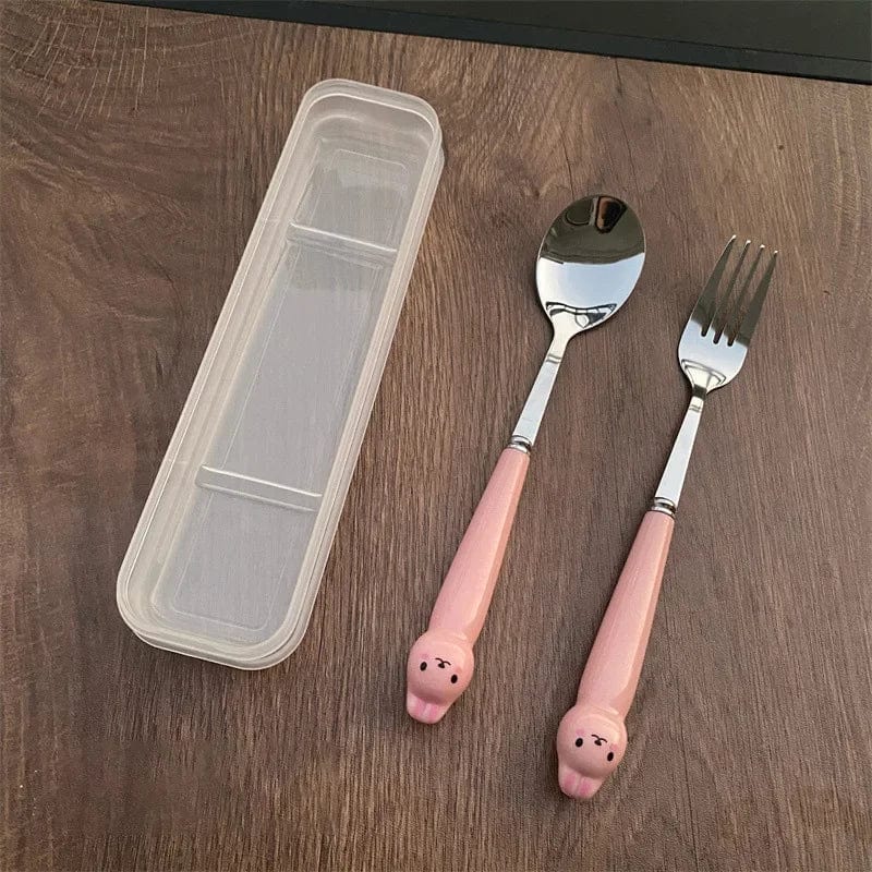 Showlu Cartoon Rabbit Cutlery Set with stainless steel spoon, fork, and chopsticks, designed for travel and portable lunch use.