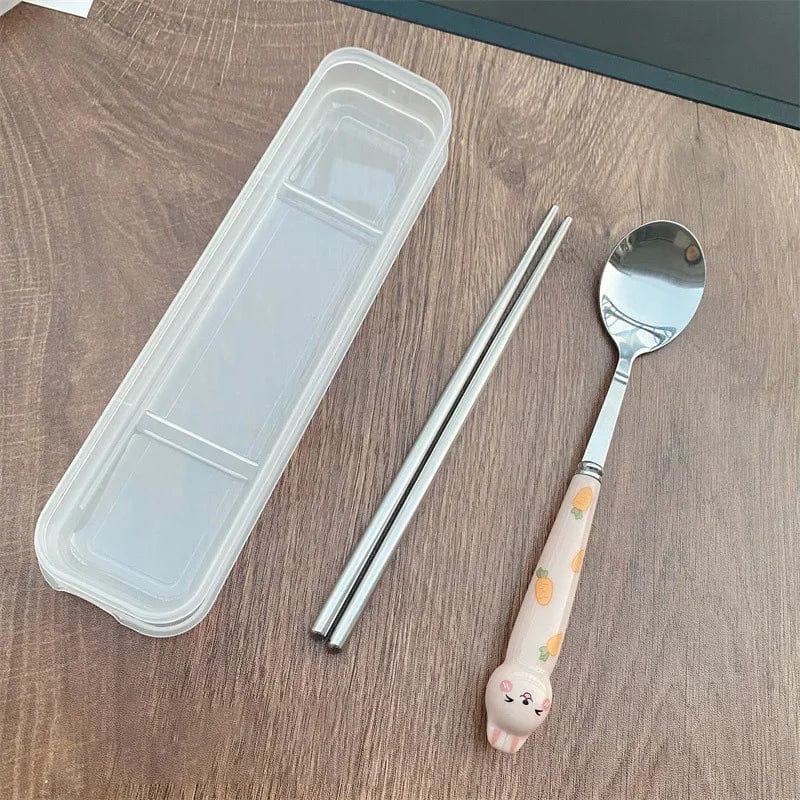 Showlu Cartoon Rabbit stainless steel cutlery set with spoon, fork, and chopsticks, ideal for travel and portable dining.