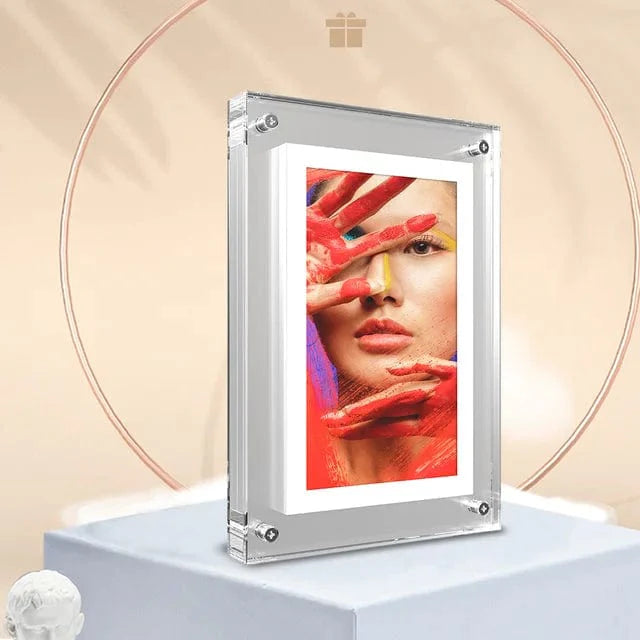 Zoeydam 5-inch acrylic digital photo frame with IPS vertical display, 2GB memory, and battery port, perfect for digital photo sharing.