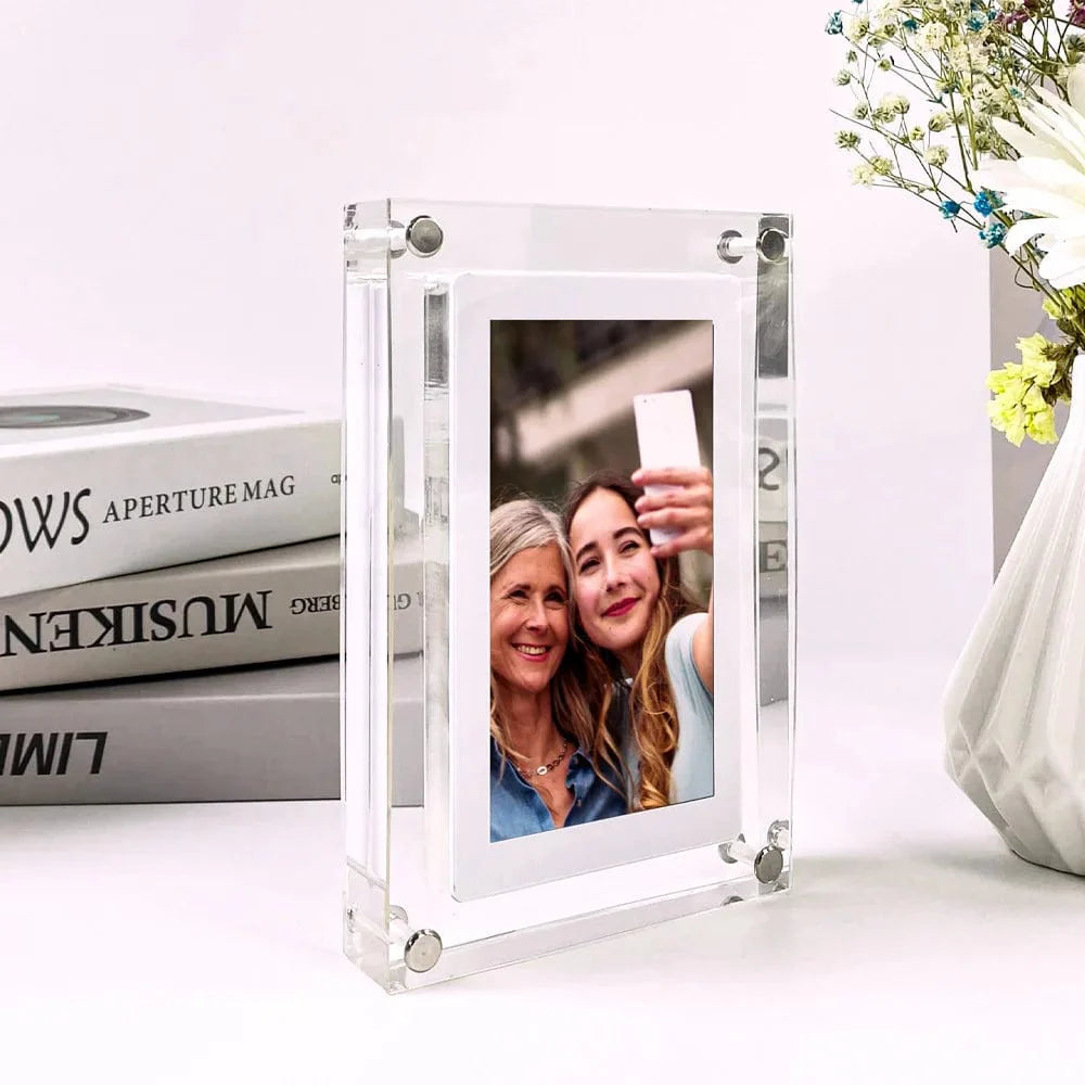 Zoeydam 5-inch acrylic digital photo frame with IPS vertical display, 2GB memory, and built-in battery for easy photo viewing.