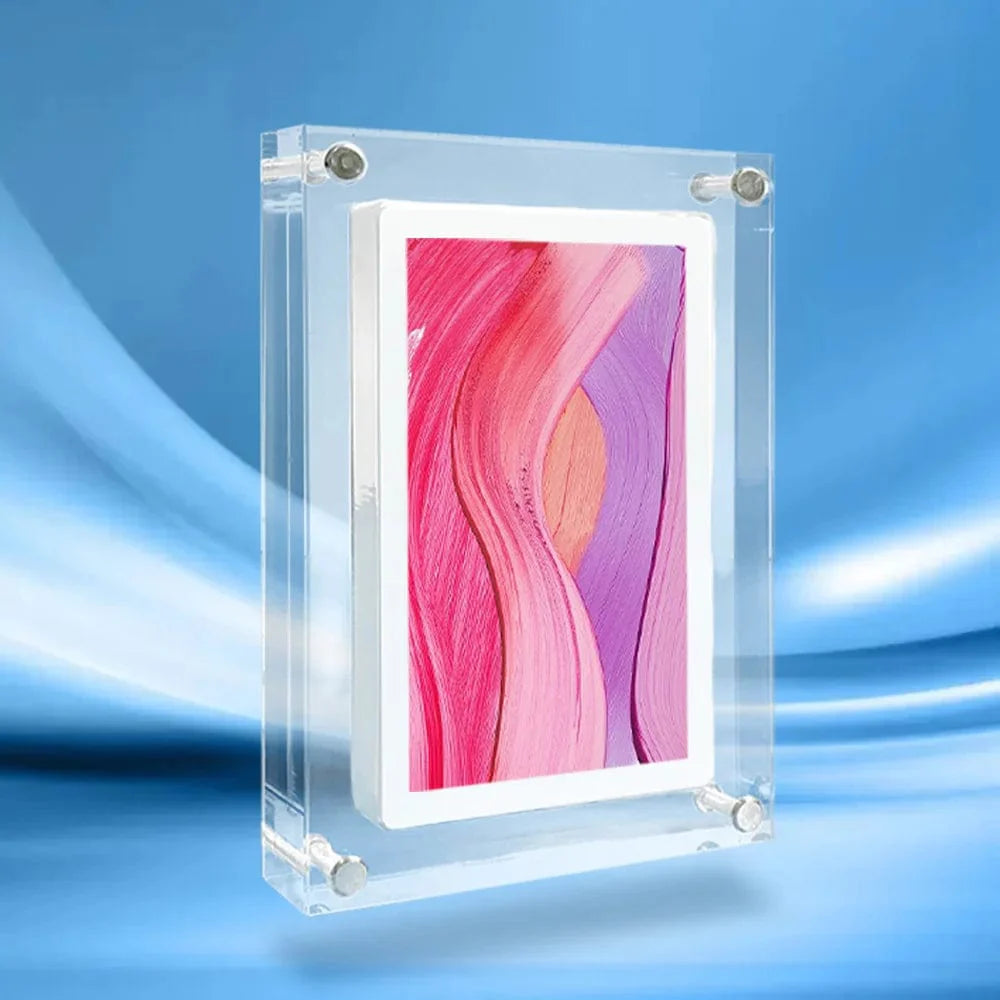 Zoeydam 5-inch acrylic digital photo frame with vertical IPS display, 2GB memory, and rechargeable battery for photo and video viewing.