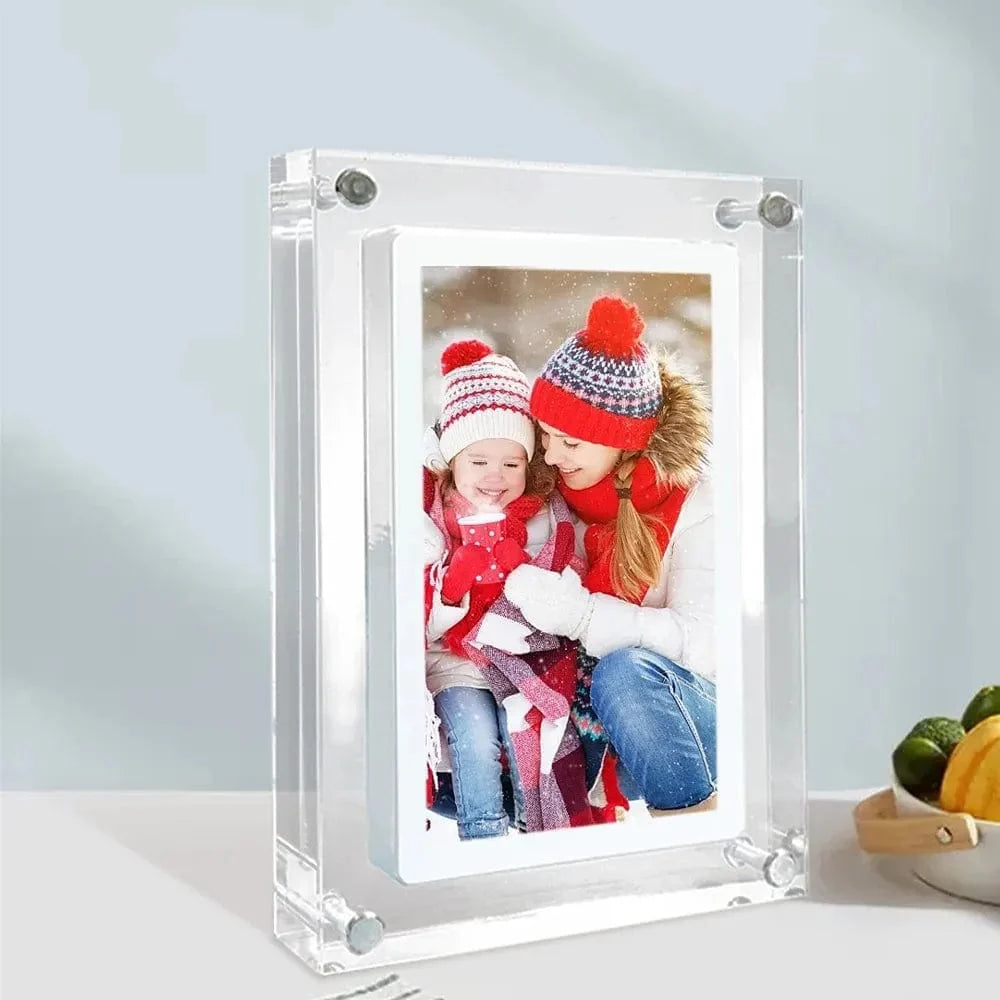 Zoeydam 5-inch acrylic digital photo frame with vertical IPS display, 2GB memory, battery port, and sleek gift-ready design.