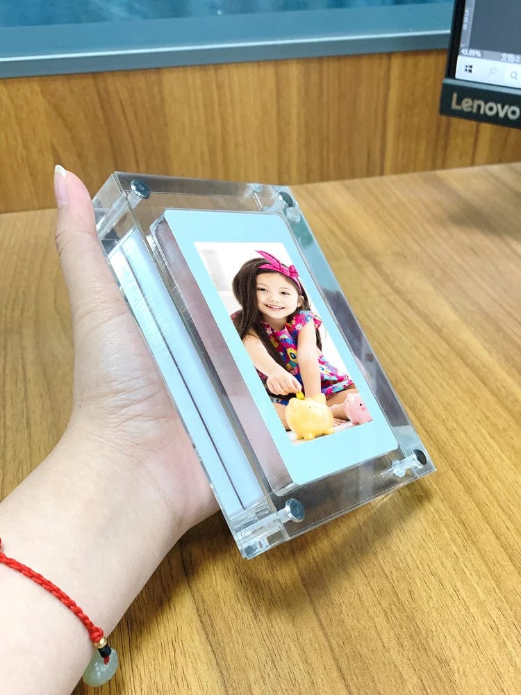 Zoeydam 5-inch acrylic digital photo frame with IPS vertical display, 2GB memory, and built-in battery for digital photo viewing.