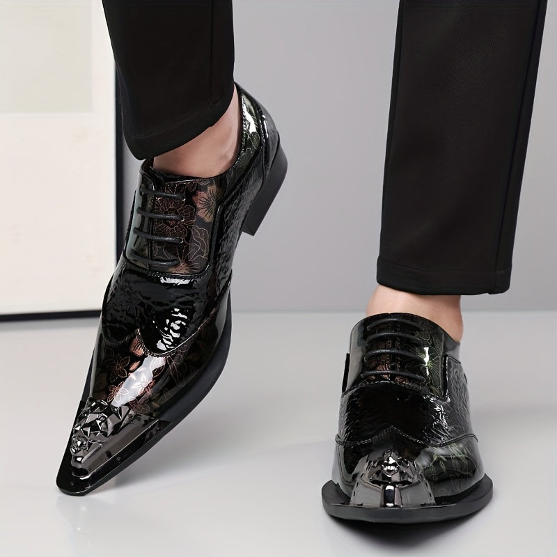 Showlu Fashion Store men's British style pointed toe PU leather lace-up shoes displayed on a clean surface.