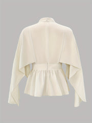 Women's Casual High Neck Blouse - Elegant Semi-Sheer Ruffled Sleeve Shirt, Solid Color Machine Washable Top for All-Season Versatile Wear
