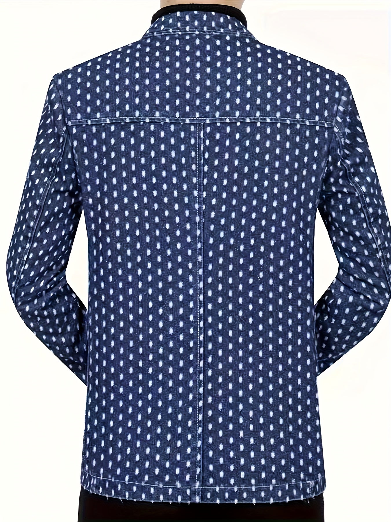 Men's denim blazer by SHOWLU FASHION STORE featuring a loose fit and polka dot casual design, shown in navy blue fabric.