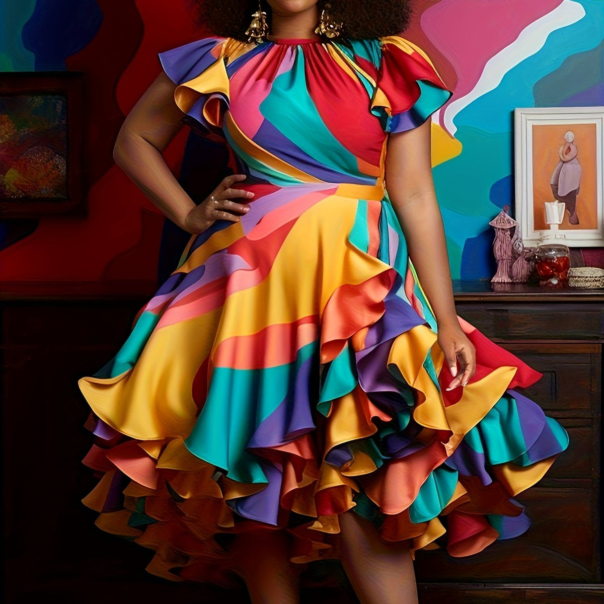 SHOWLU Women's plus size vintage geometric ruffle hem midi dress, featuring a stylish design with a flowing silhouette and bold pattern.
