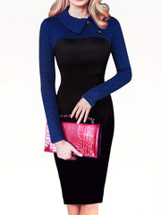Women'S Elegant Black and Beige Color Block Pencil Dress - Slim Fit, Long Sleeve, Round Neck with Button Detail, Perfect for Spring/Summer, Adult Fashion, Elegant Attire|Sleek Fitted Design|Polyester Fabric