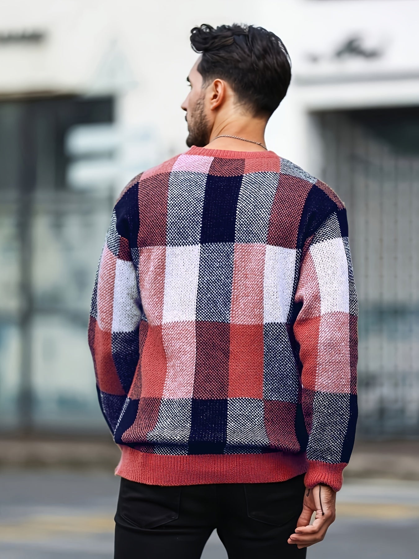 SHOWLU Men's plaid crew neck sweater, casual viscose knit pullover with a classic plaid pattern, suitable for everyday wear.