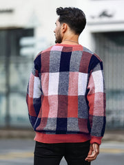 Men'S Casual Plaid Sweater - Cozy Crew Neck Pullover with Brown, Beige, Black & White Checkered Pattern, Loose Fit, Warm for Fall & Winter, Everyday Comfort, Sweater Vest