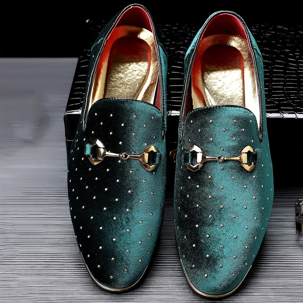 SHOWLU FASHION men's horsebit loafers with rhinestone glitter accents, stylish dress shoes featuring a classic design and shiny embellishments.