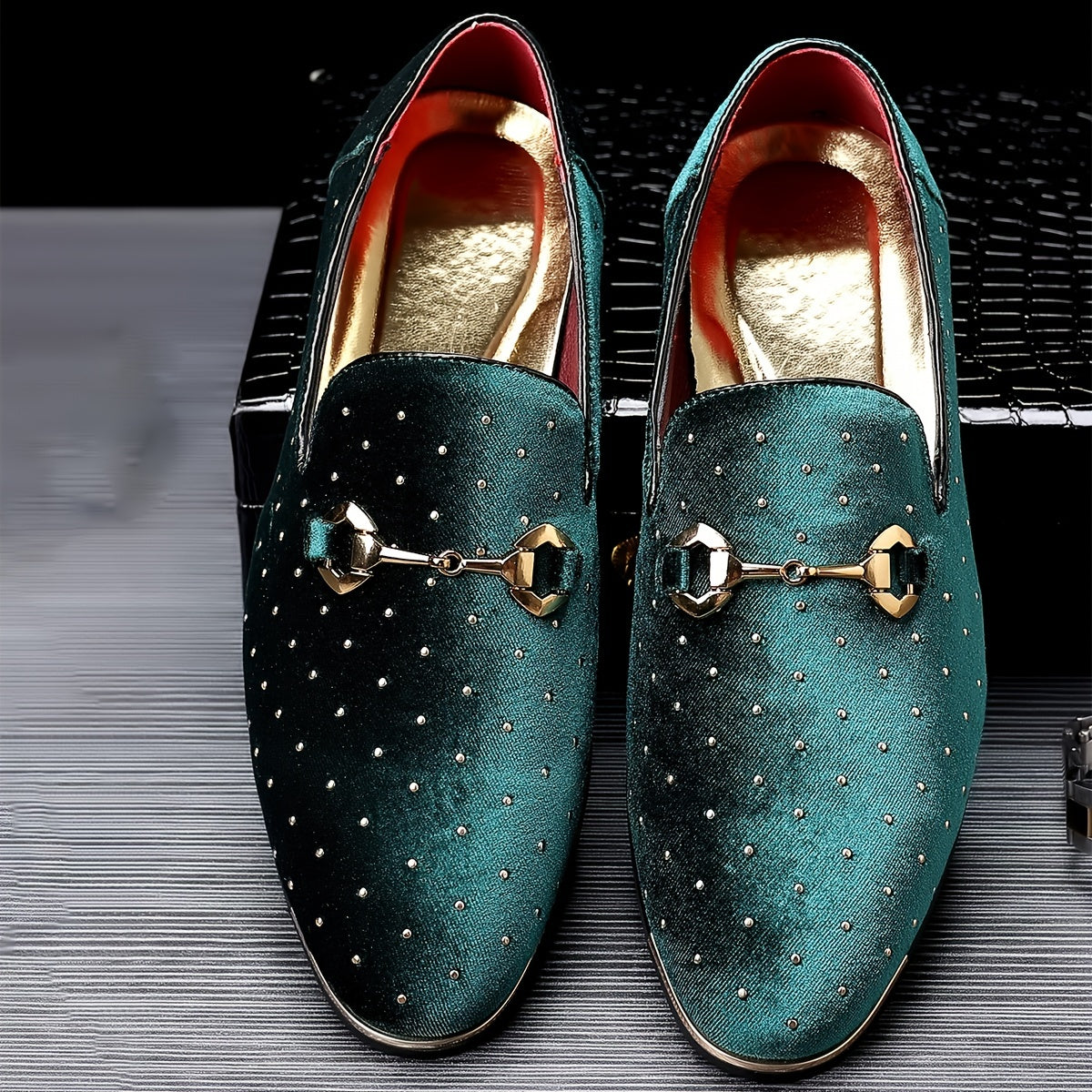 SHOWLU FASHION men's horsebit loafers with rhinestone glitter accents, stylish dress shoes featuring a classic design and shiny embellishments.