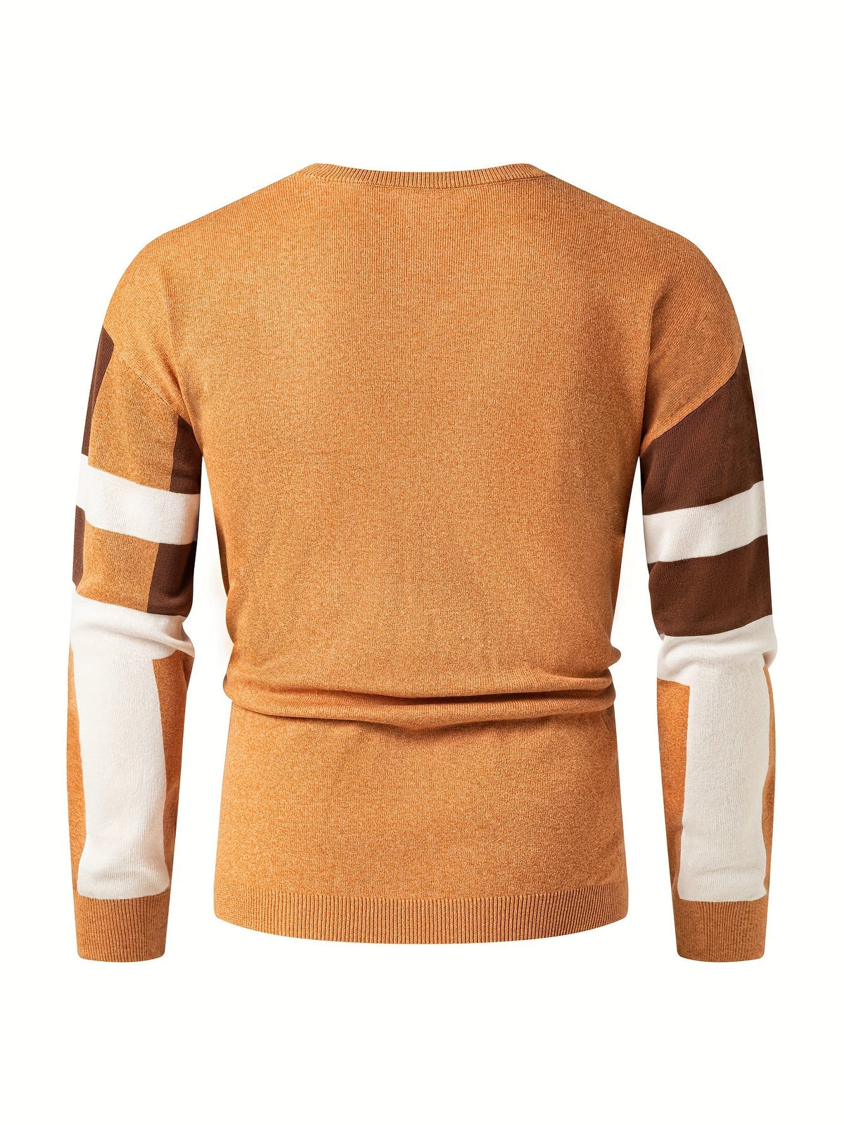 SHOWLU Men's color block knit sweater with slim fit viscose crew neck, featuring vibrant color sections and cozy knit texture.