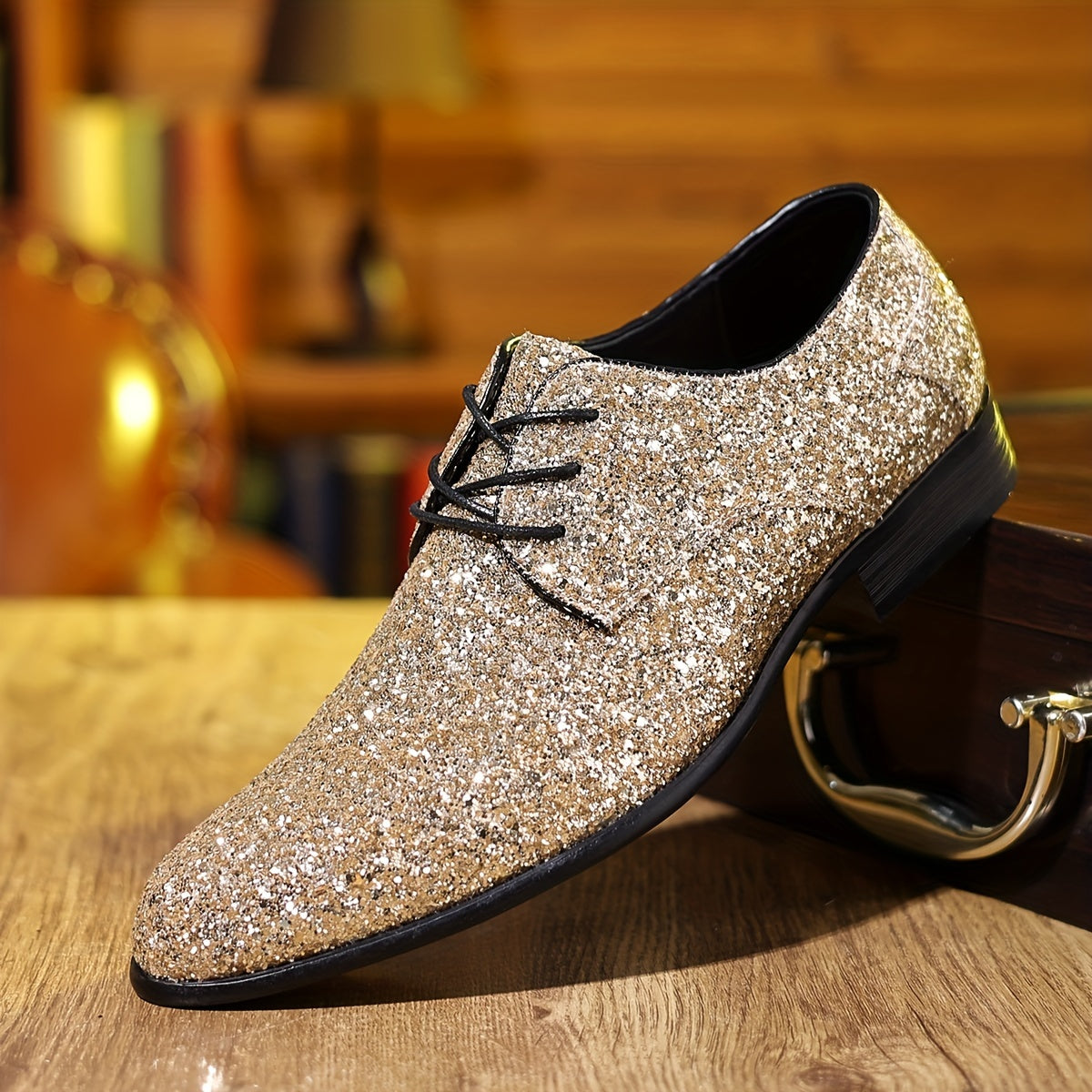 SHOWLU FASHION glitter pointed toe casual shoes in shiny solid color, stylish and comfortable for everyday wear.