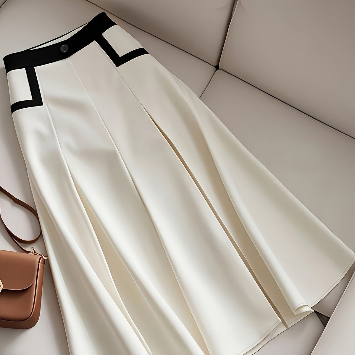 Women's Elegant A-Line skirt - Flattering Office to Party Pantskirt, Structured non-stretchy fabric, Easy-Care Machine Washable, All-Season Formal & Everyday Outfits in White/Black color combinations, Versatile Fashion, Quali