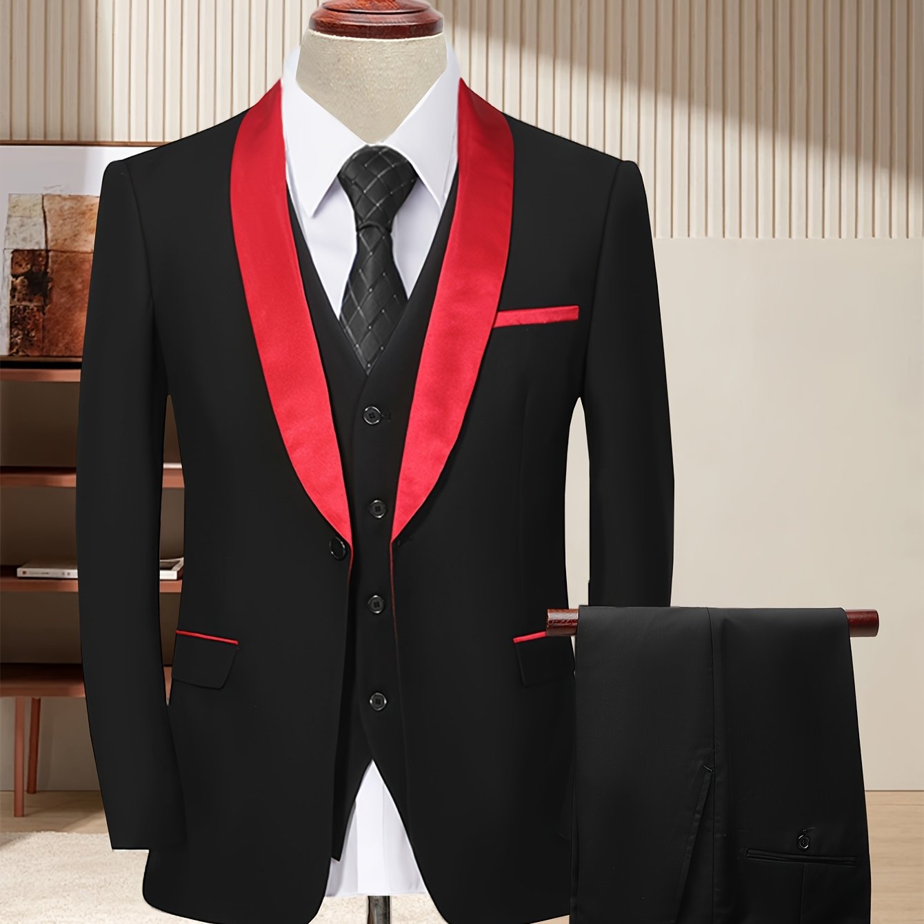 SHOWLU FASHION STORE men's 3-piece slim fit wedding suit with shawl collar tuxedo, featuring jacket, vest, and trousers.