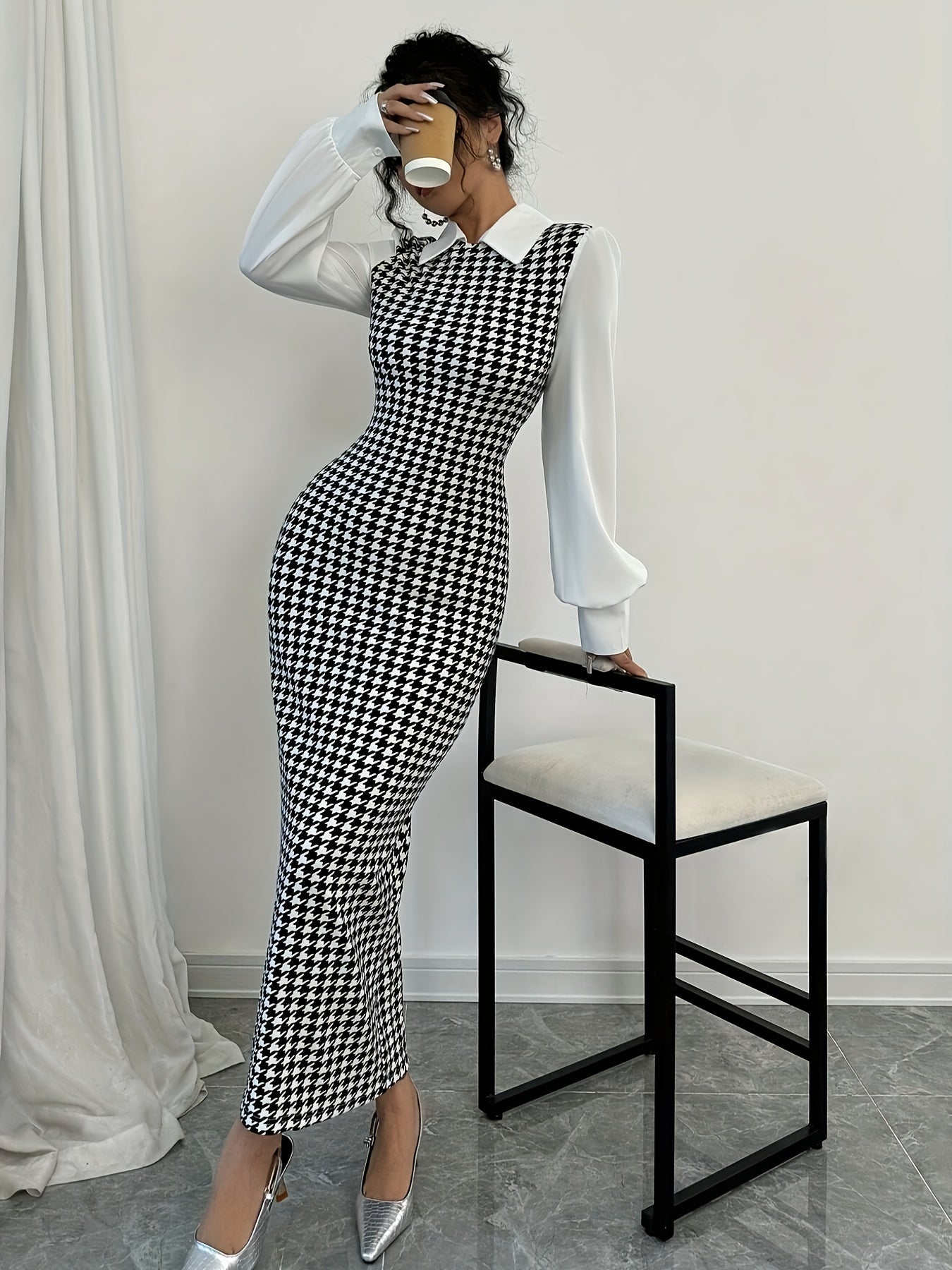 SHOWLU FASHION women's houndstooth bodycon dress with puffed sleeves, elegant and fitted for a stylish look.