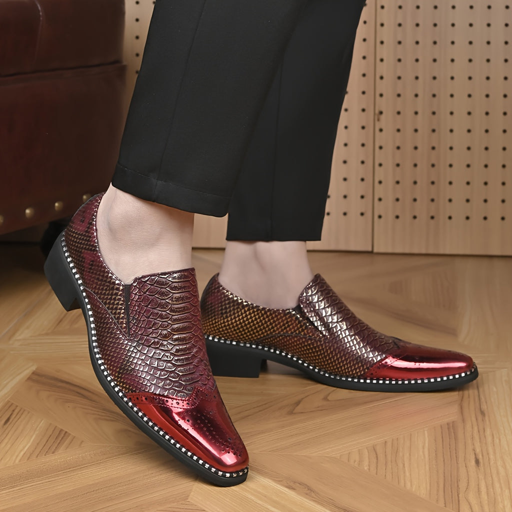 Men's snake scale patchwork slip-on formal shoes with chunky heel by Showlu Fashion, featuring a sleek, stylish design.