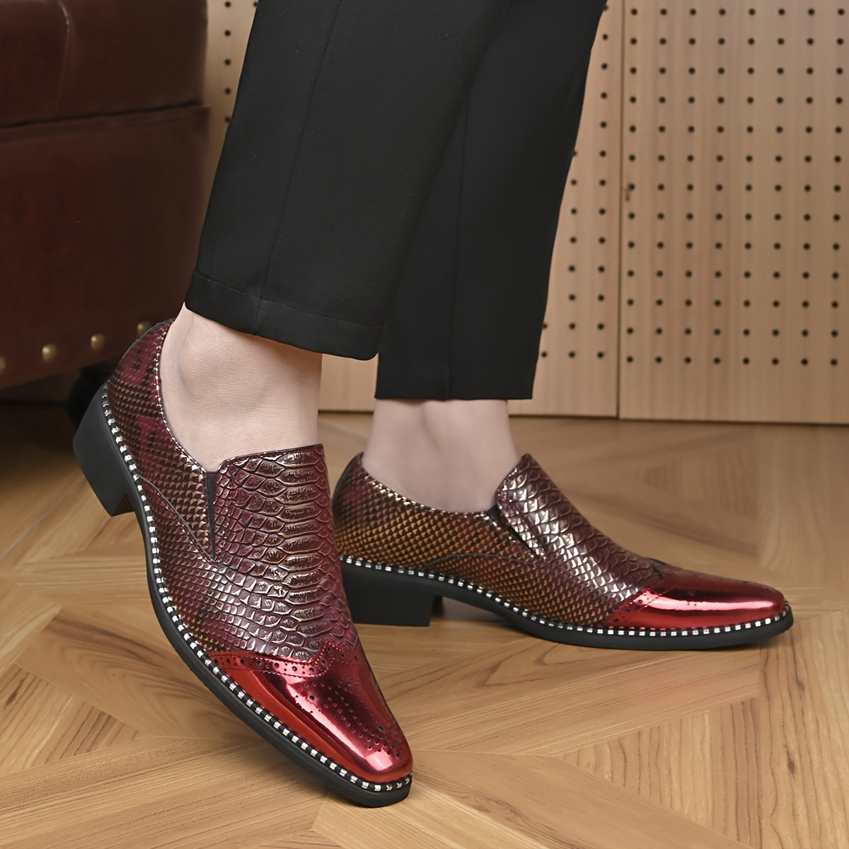 Men's snake scale patchwork slip-on formal shoes with chunky heel by Showlu Fashion, featuring a sleek, stylish design.