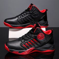 Men's High-Top Basketball Shoes - Stylish & Sporty, Breathable Synthetic Faux Leather with Non-Slip Rubber Sole, Comfortable for Daily Wear & Athletic Activities, Black & Red with Basketball Emblem, Basketball Accessories