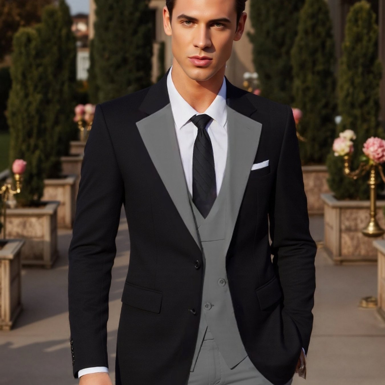 SHOWLU Men's 3-Piece Slim Fit Wedding Tuxedo with jacket, vest, and pants, featuring classic black fabric and tailored fit.