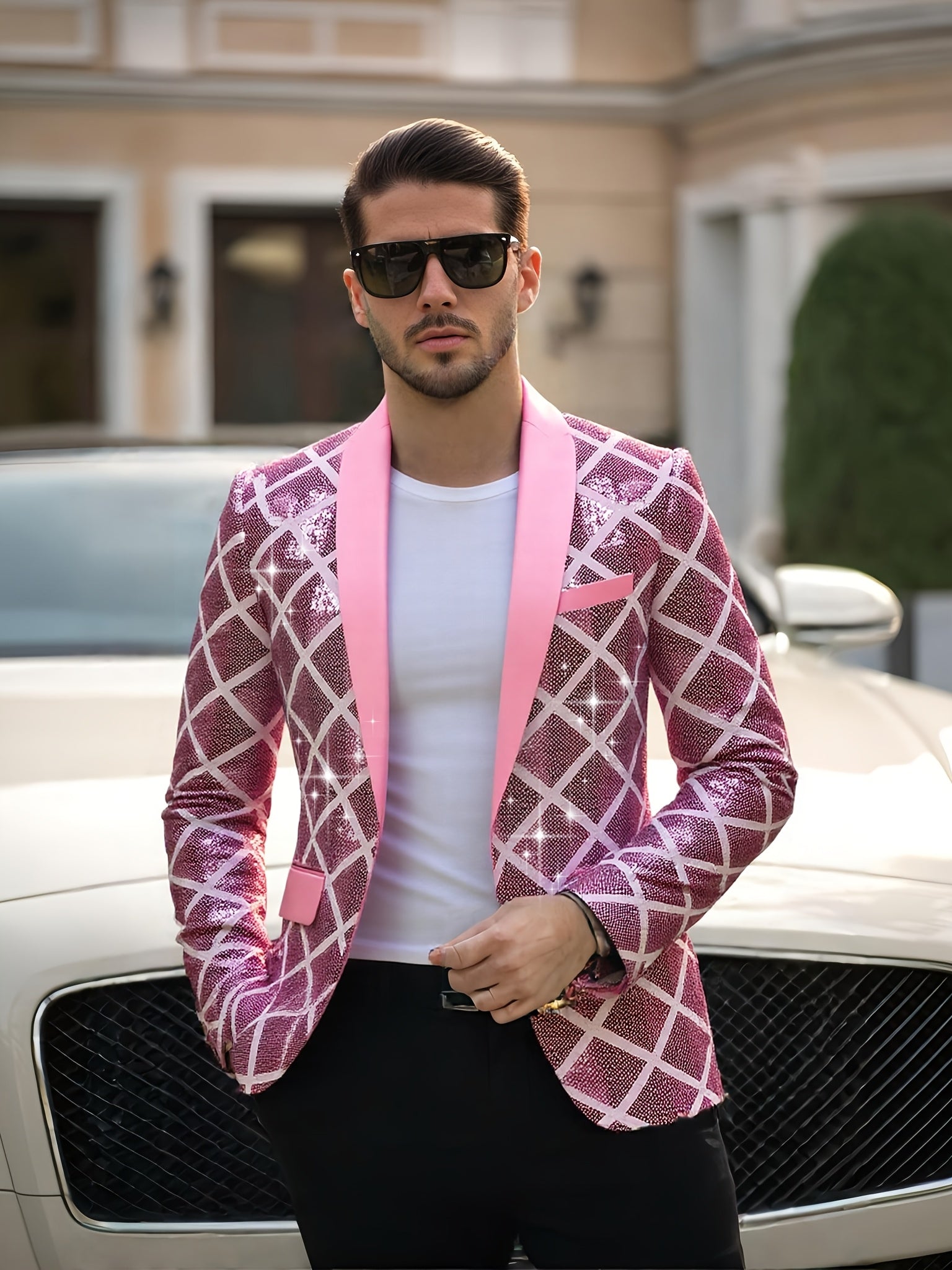 Men's Sequin-Embellished Blazer - Notched Lapel Party Jacket, Structured H-Fit Formal Coat for Weddings, Stage Performances, Events - Year-Round Evening Attire with Button Front Closure, Wedding Guest Attire, Notch Lapel Desi