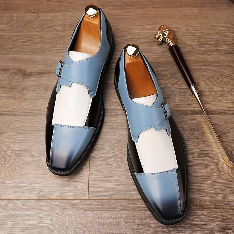 SHOWLU men's plaid microfiber leather Oxford dress shoes with buckle, featuring a classic design and polished finish.