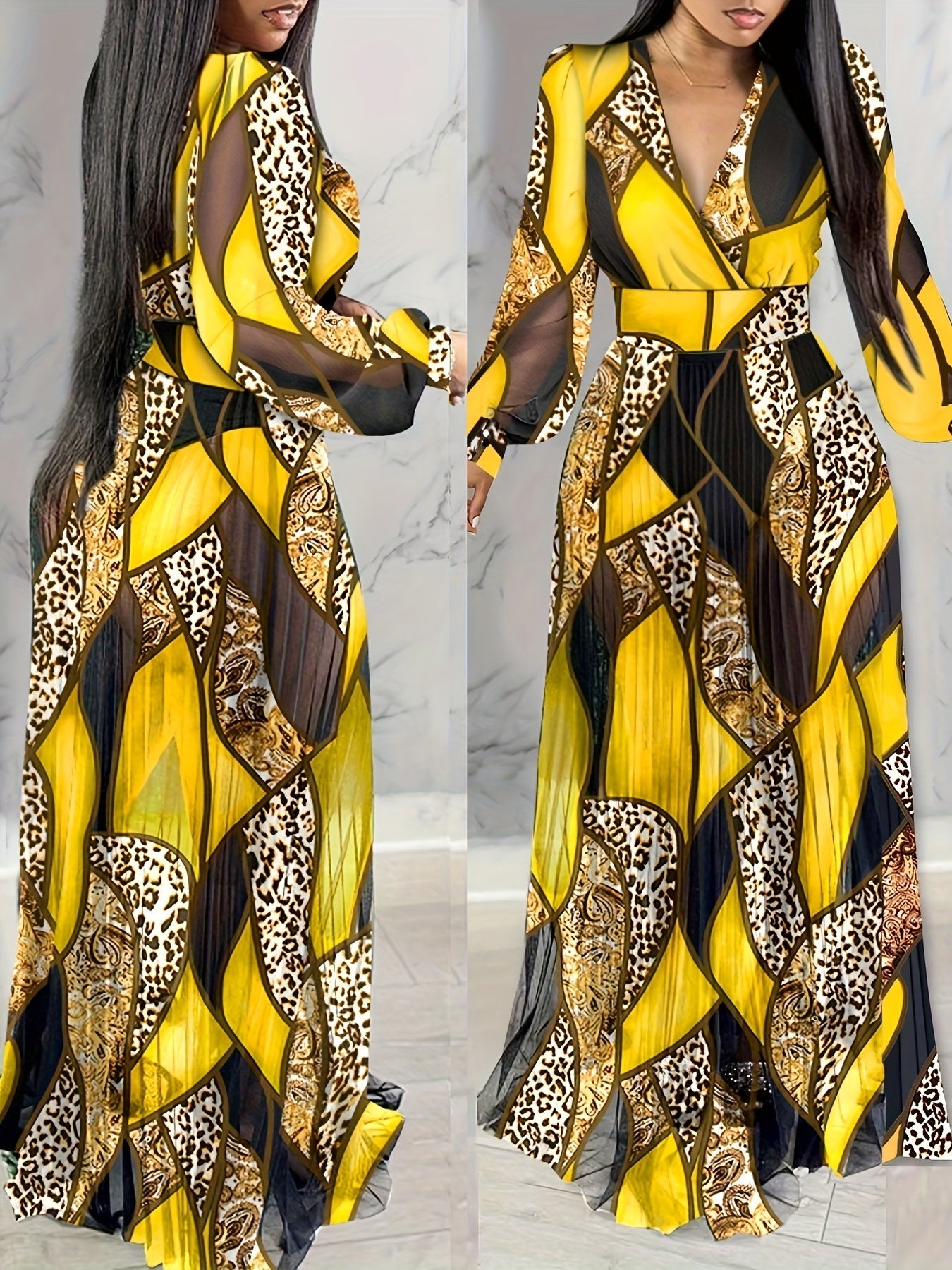 Leopard Print Lantern Sleeve Sheer V-Neck Sheer Mesh Maxi Dress Elegant Evening Dress SHOWLU FASHION STORE