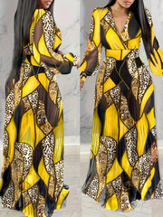Leopard Print Lantern Sleeve Sheer V-Neck Sheer Mesh Maxi Dress Elegant Evening Dress SHOWLU FASHION STORE
