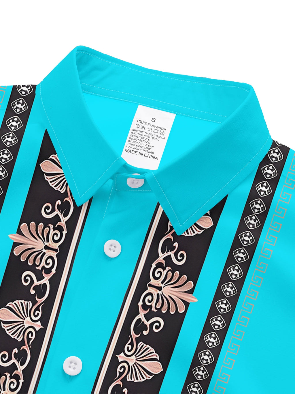 Men's long sleeve ethnic floral shirt in turquoise and gold by SHOWLU FASHION STORE, displayed on a neutral background.